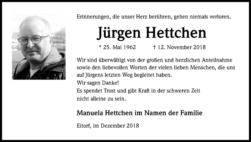  Traueranzeige für Jürgen Hettchen vom 15.12.2018 aus Kölner Stadt-Anzeiger / Kölnische Rundschau / Express