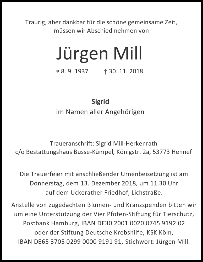  Traueranzeige für Jürgen Mill vom 08.12.2018 aus Kölner Stadt-Anzeiger / Kölnische Rundschau / Express