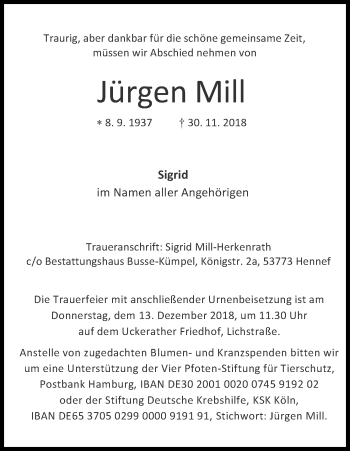 Anzeige von Jürgen Mill von Kölner Stadt-Anzeiger / Kölnische Rundschau / Express