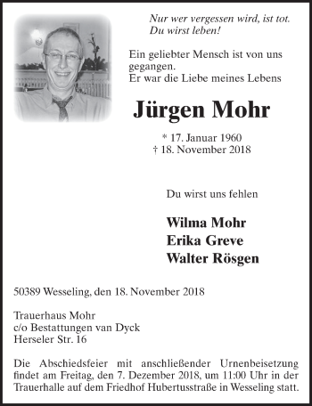 Anzeige von Jürgen Mohr von  Schlossbote/Werbekurier 