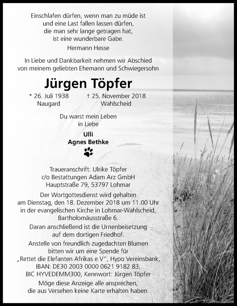 Traueranzeige für Jürgen Töpfer vom 15.12.2018 aus Kölner Stadt-Anzeiger / Kölnische Rundschau / Express