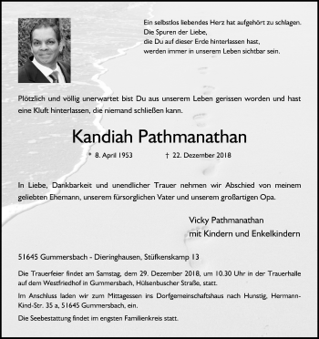 Anzeige von Kandiah Pathmanathan von Kölner Stadt-Anzeiger / Kölnische Rundschau / Express