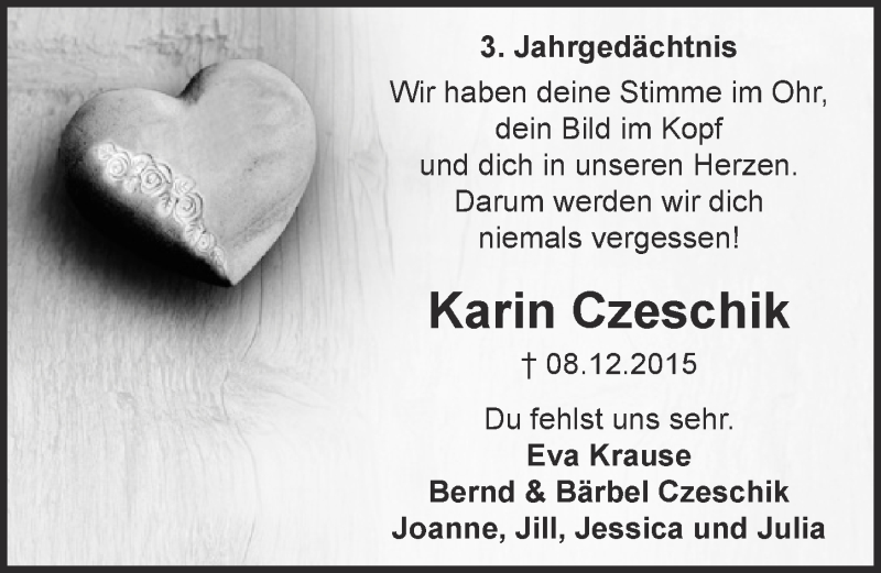  Traueranzeige für Karin Czeschik vom 08.12.2018 aus  Blickpunkt Euskirchen  Sonntags-Post 