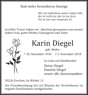 Anzeige von Karin Diegel von  Sonntags-Post 