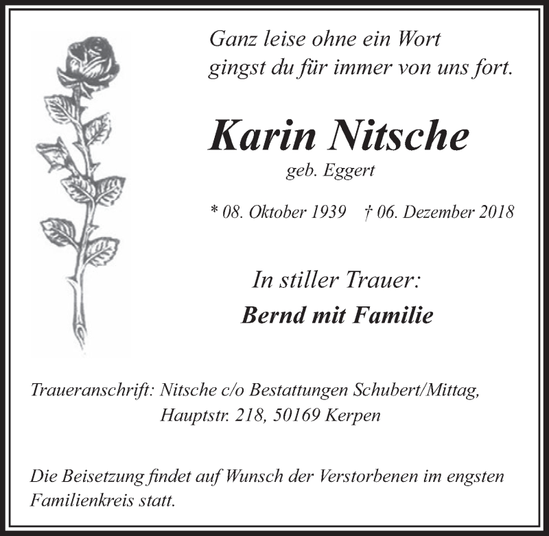  Traueranzeige für Karin Nitsche vom 29.12.2018 aus  Sonntags-Post 