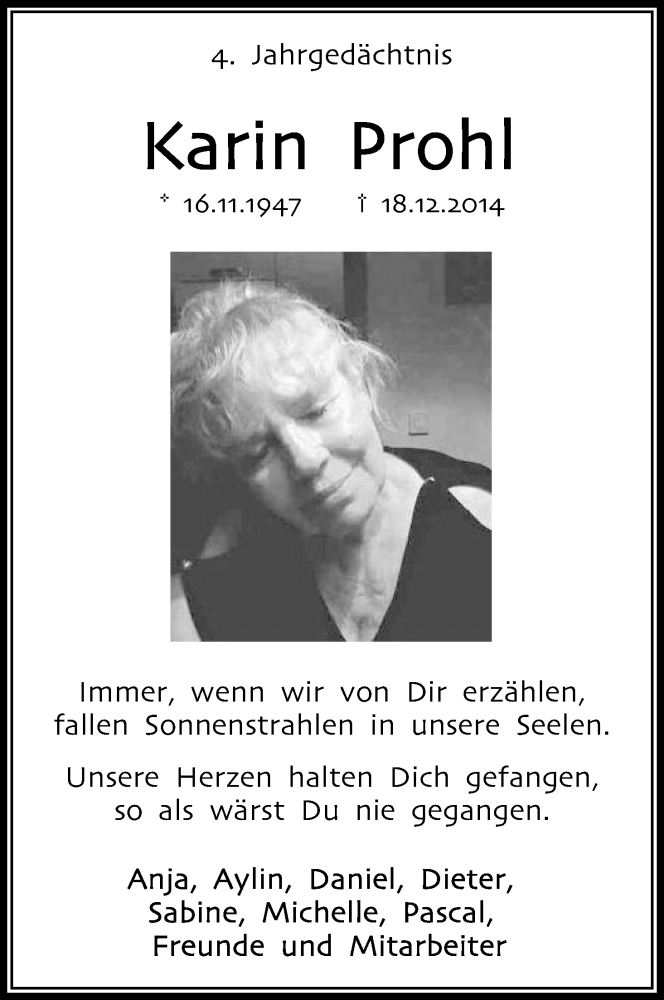  Traueranzeige für Karin Prohl vom 18.12.2018 aus Kölner Stadt-Anzeiger / Kölnische Rundschau / Express