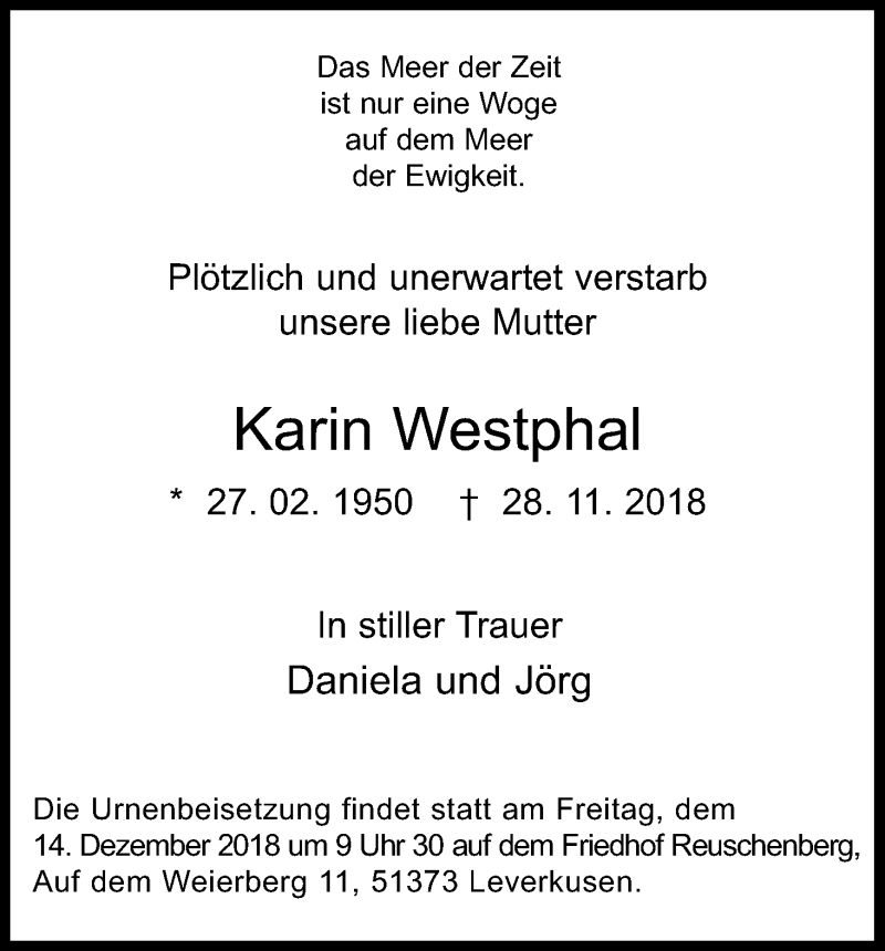  Traueranzeige für Karin Westphal vom 08.12.2018 aus Kölner Stadt-Anzeiger / Kölnische Rundschau / Express