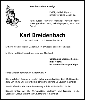 Anzeige von Karl Breidenbach von Kölner Stadt-Anzeiger / Kölnische Rundschau / Express