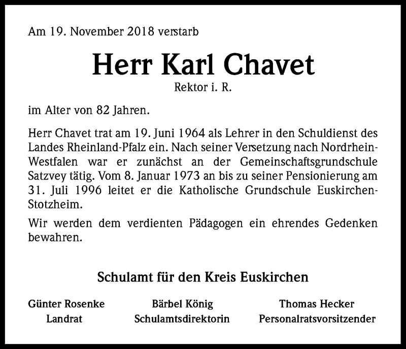  Traueranzeige für Karl Chavet vom 08.12.2018 aus Kölner Stadt-Anzeiger / Kölnische Rundschau / Express