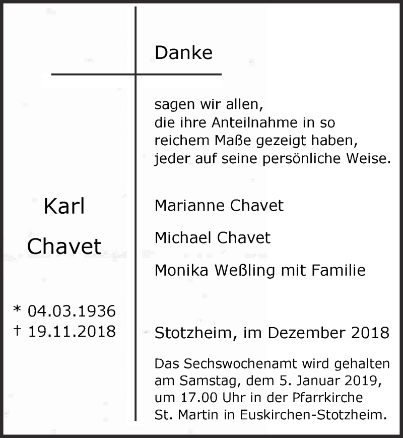  Traueranzeige für Karl Chavet vom 22.12.2018 aus  Blickpunkt Euskirchen 