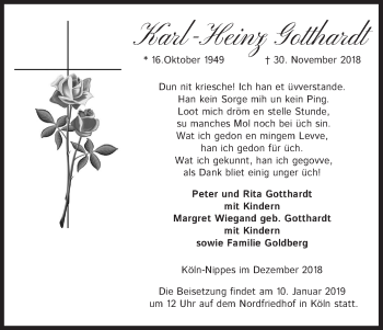 Anzeige von Karl-Heinz Gotthardt von Kölner Stadt-Anzeiger / Kölnische Rundschau / Express