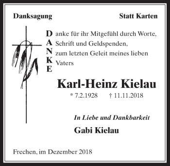 Anzeige von Karl-Heinz Kielau von  Wochenende 