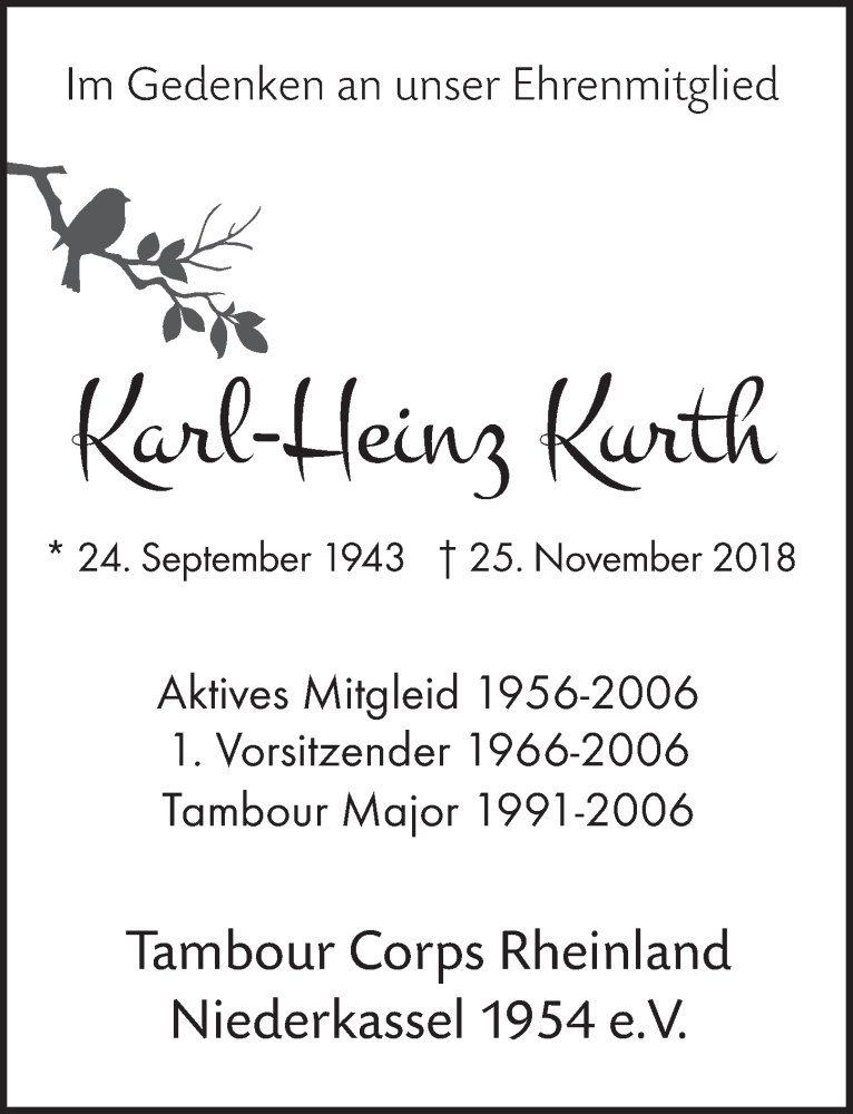  Traueranzeige für Karl-Heinz Kurth vom 29.12.2018 aus  Rhein-Sieg-Wochenende 