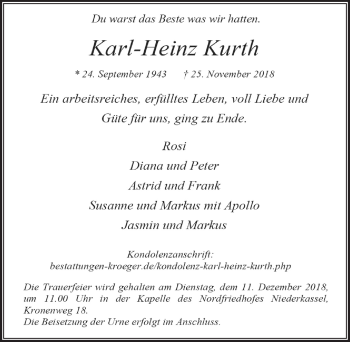 Anzeige von Karl-Heinz Kurth von  Extra Blatt 