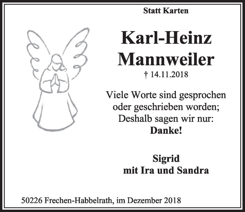  Traueranzeige für Karl-Heinz Mannweiler vom 08.12.2018 aus  Sonntags-Post 