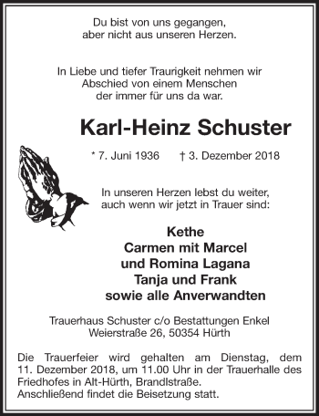 Anzeige von Karl-Heinz Schuster von  Sonntags-Post 