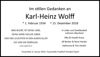 Anzeige von Karl-Heinz Wolff von Kölner Stadt-Anzeiger / Kölnische Rundschau / Express