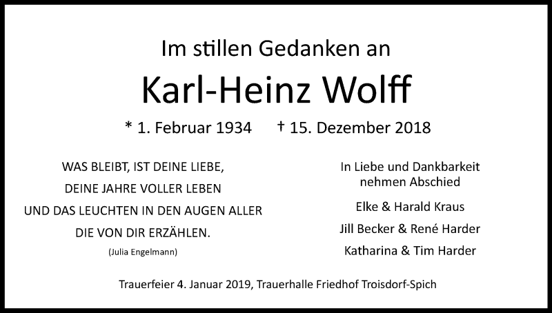  Traueranzeige für Karl-Heinz Wolff vom 29.12.2018 aus Kölner Stadt-Anzeiger / Kölnische Rundschau / Express