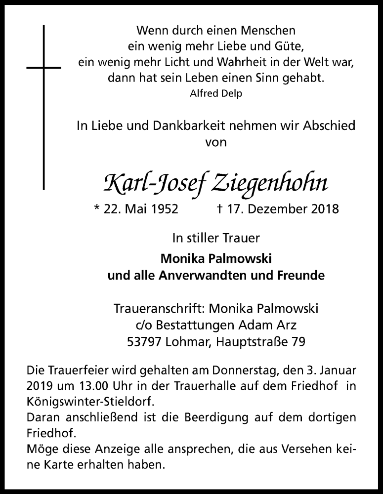  Traueranzeige für Karl-Josef Ziegenhohn vom 22.12.2018 aus Kölner Stadt-Anzeiger / Kölnische Rundschau / Express
