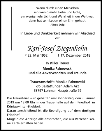 Anzeige von Karl-Josef Ziegenhohn von Kölner Stadt-Anzeiger / Kölnische Rundschau / Express