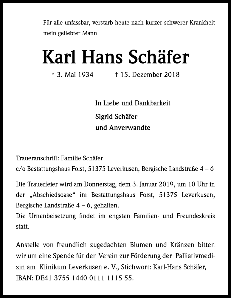  Traueranzeige für Karl Hans Schäfer vom 27.12.2018 aus Kölner Stadt-Anzeiger / Kölnische Rundschau / Express