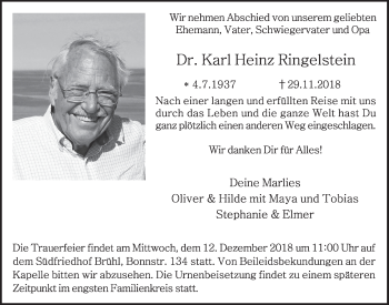 Anzeige von Karl Heinz Ringelstein von  Schlossbote/Werbekurier 