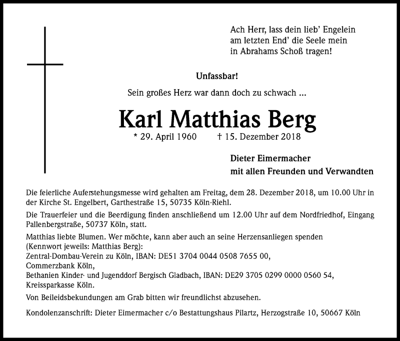  Traueranzeige für Karl Matthias Berg vom 22.12.2018 aus Kölner Stadt-Anzeiger / Kölnische Rundschau / Express