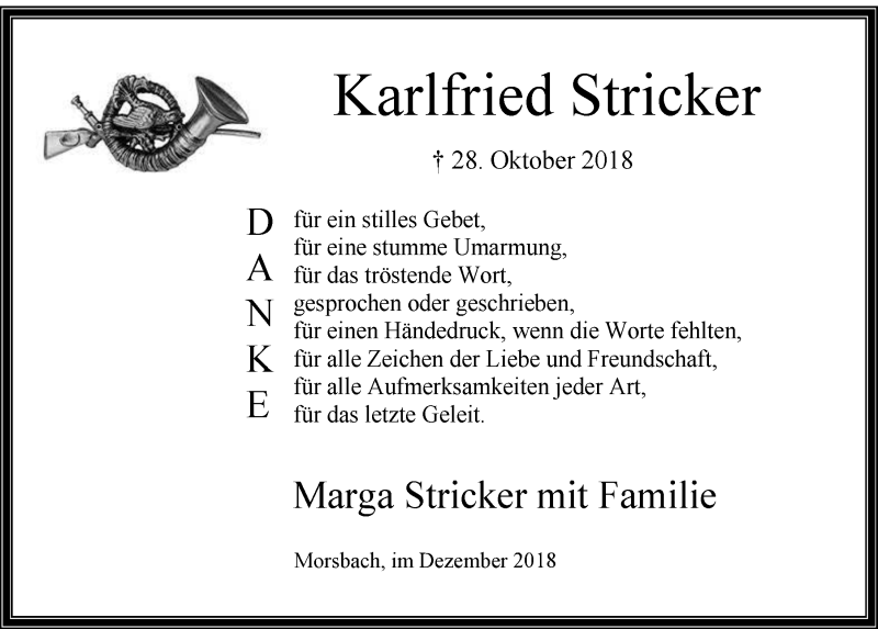  Traueranzeige für Karlfried Stricker vom 12.12.2018 aus  Lokalanzeiger 