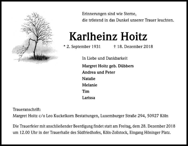  Traueranzeige für Karlheinz Hoitz vom 22.12.2018 aus Kölner Stadt-Anzeiger / Kölnische Rundschau / Express