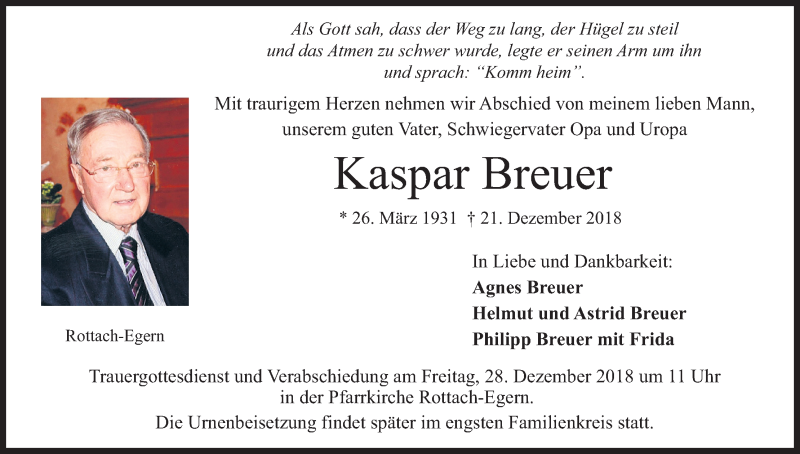  Traueranzeige für Kaspar Breuer vom 28.12.2018 aus Kölner Stadt-Anzeiger / Kölnische Rundschau / Express