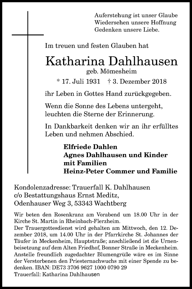  Traueranzeige für Katharina Dahlhausen vom 08.12.2018 aus Kölner Stadt-Anzeiger / Kölnische Rundschau / Express