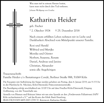 Anzeige von Katharina Heider von Kölner Stadt-Anzeiger / Kölnische Rundschau / Express