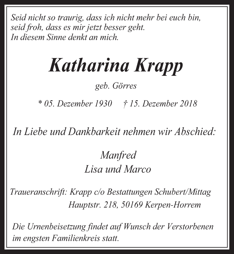  Traueranzeige für Katharina Krapp vom 19.12.2018 aus  Wochenende 