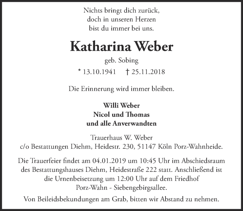  Traueranzeige für Katharina Weber vom 12.12.2018 aus  Kölner Wochenspiegel 
