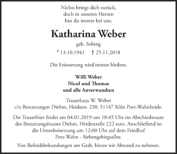 Anzeige von Katharina Weber von  Kölner Wochenspiegel 