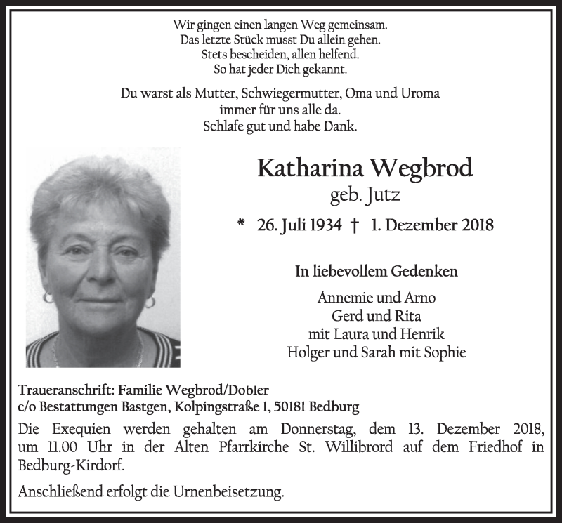  Traueranzeige für Katharina Wegbrod vom 08.12.2018 aus  Sonntags-Post 