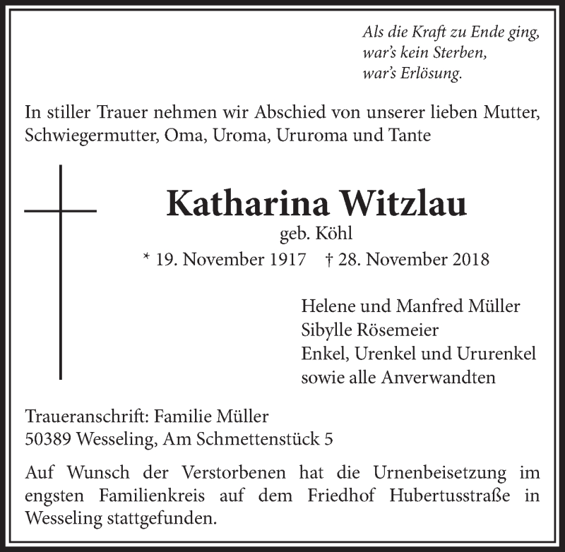  Traueranzeige für Katharina Witzlau vom 12.12.2018 aus  Schlossbote/Werbekurier 