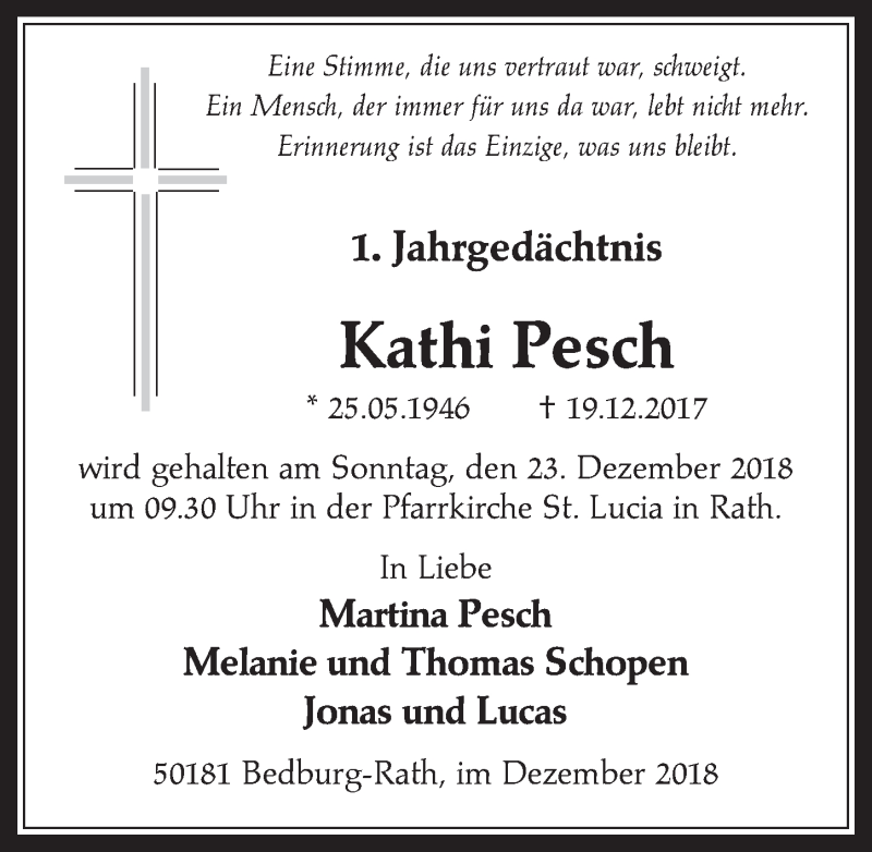  Traueranzeige für Kathi Pesch vom 19.12.2018 aus  Werbepost 