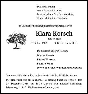 Anzeige von Klara Korsch von Kölner Stadt-Anzeiger / Kölnische Rundschau / Express