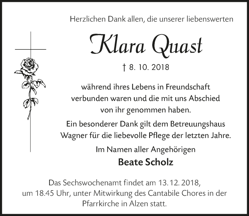  Traueranzeige für Klara Quast vom 05.12.2018 aus  Lokalanzeiger 