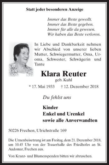 Anzeige von Klara Reuter von  Wochenende 