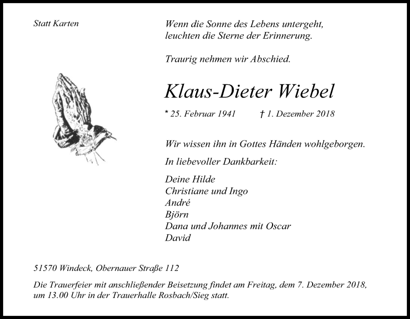  Traueranzeige für Klaus-Dieter Wiebel vom 05.12.2018 aus Kölner Stadt-Anzeiger / Kölnische Rundschau / Express