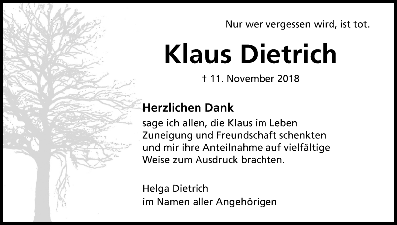  Traueranzeige für Klaus Dietrich vom 22.12.2018 aus Kölner Stadt-Anzeiger / Kölnische Rundschau / Express