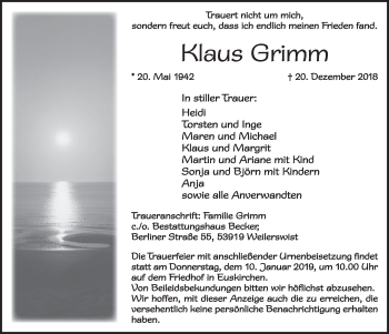 Anzeige von Klaus Grimm von  Blickpunkt Euskirchen 