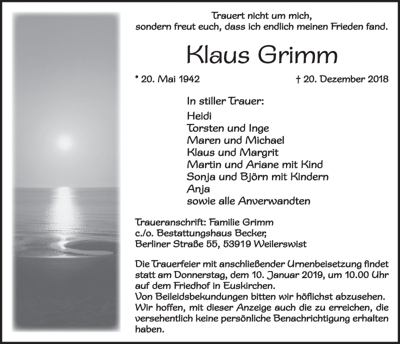  Traueranzeige für Klaus Grimm vom 29.12.2018 aus  Blickpunkt Euskirchen 
