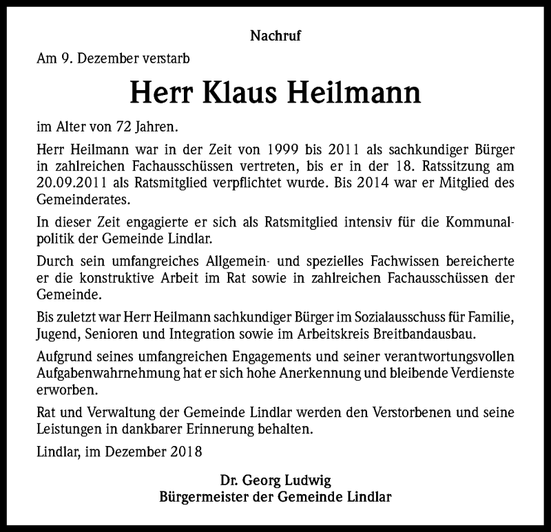  Traueranzeige für Klaus Heilmann vom 18.12.2018 aus Kölner Stadt-Anzeiger / Kölnische Rundschau / Express
