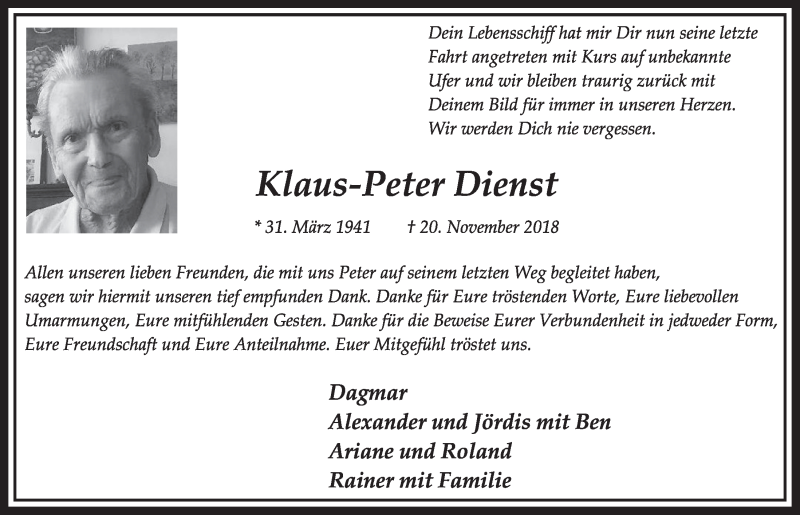  Traueranzeige für Klaus-Peter Dienst vom 22.12.2018 aus  Sonntags-Post 