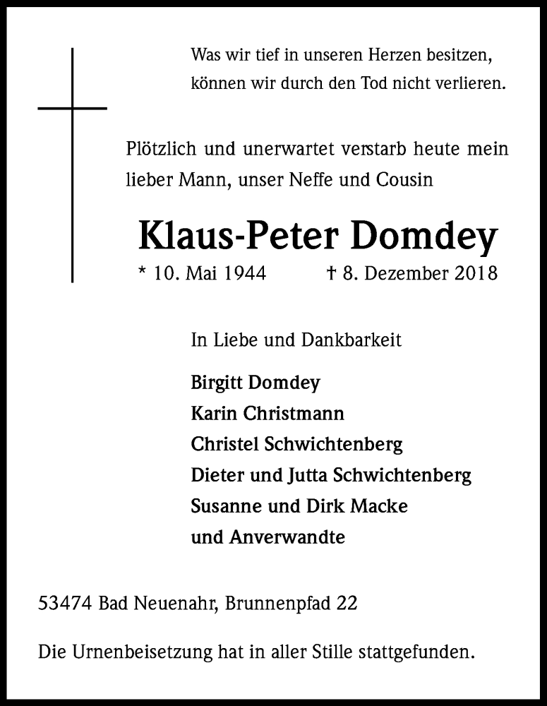  Traueranzeige für Klaus-Peter Domdey vom 15.12.2018 aus Kölner Stadt-Anzeiger / Kölnische Rundschau / Express