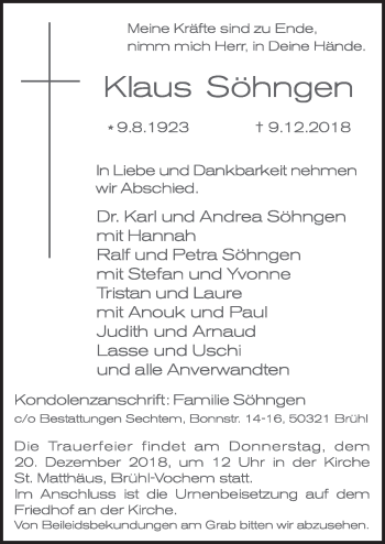 Anzeige von Klaus Söhngen von  Schlossbote/Werbekurier 