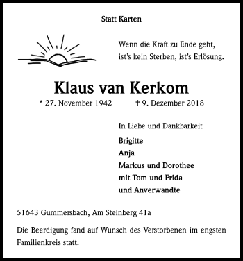 Anzeige von Klaus van Kerkom von Kölner Stadt-Anzeiger / Kölnische Rundschau / Express